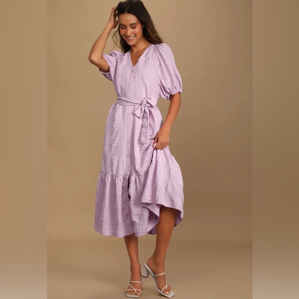 LuLus Sunny Love Purple Seersucker Puff Sleeve Midi Dress | NWT | Small
